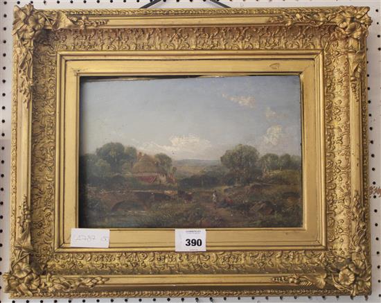 19C English School, oil on board, Rural lanscape with cattle and figures